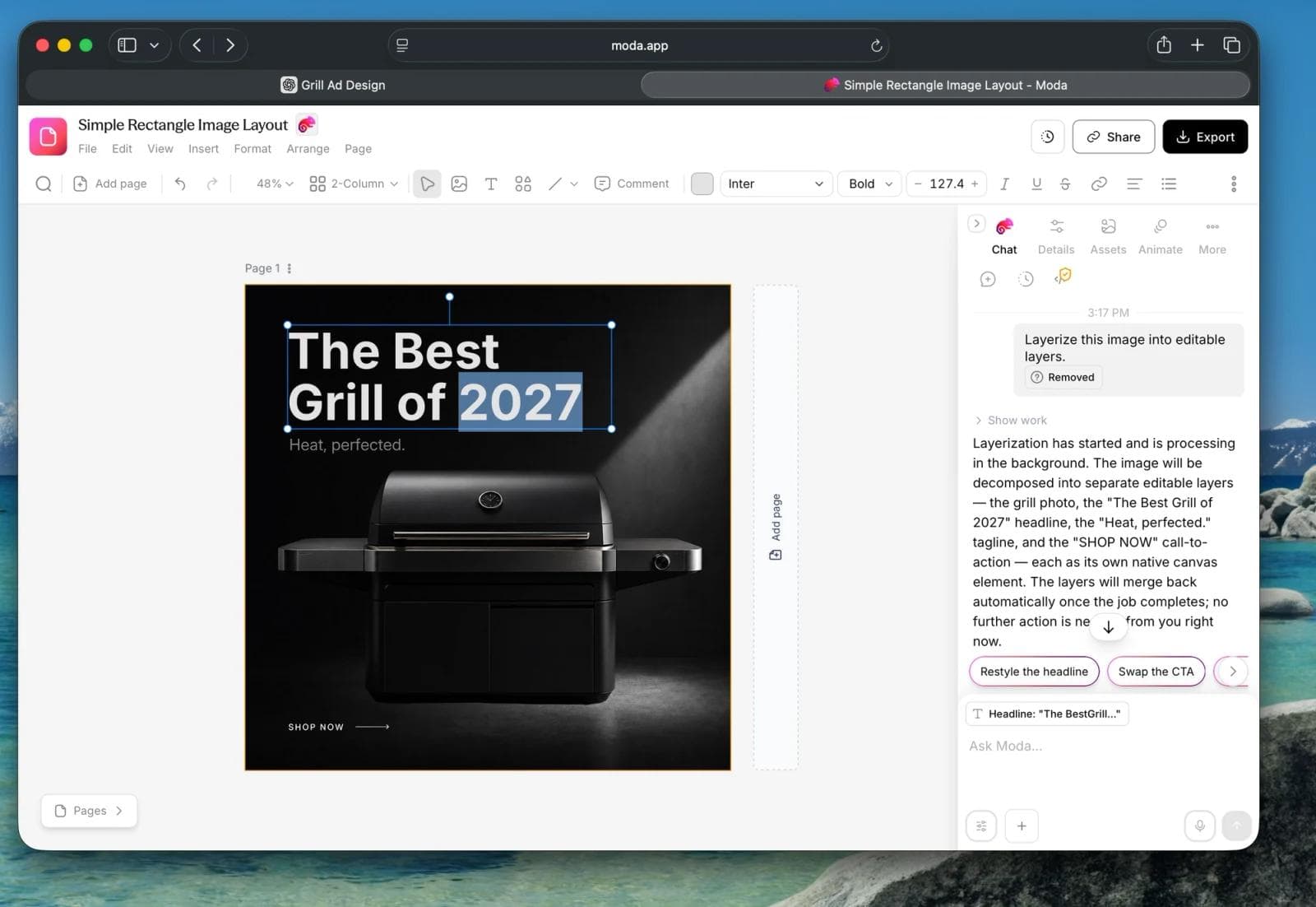 Moda canvas with the headline of a grill advertisement selected as an editable text box