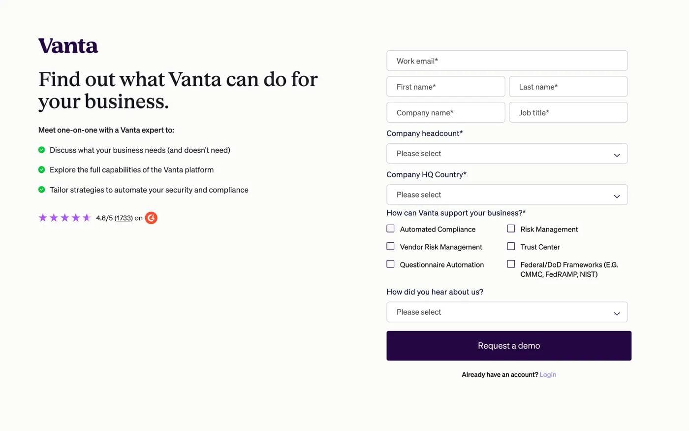 Vanta demo request page with a fourteen field form including company headcount, HQ country, and product interest checkboxes, next to a G2 rating of 4.6 out of 5