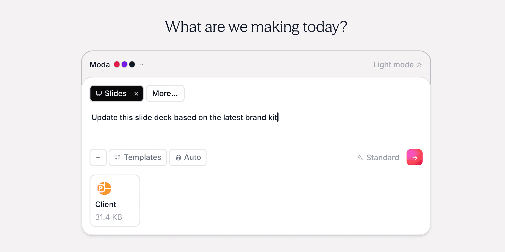 Moda canvas with an editable presentation slide and a conversational design panel