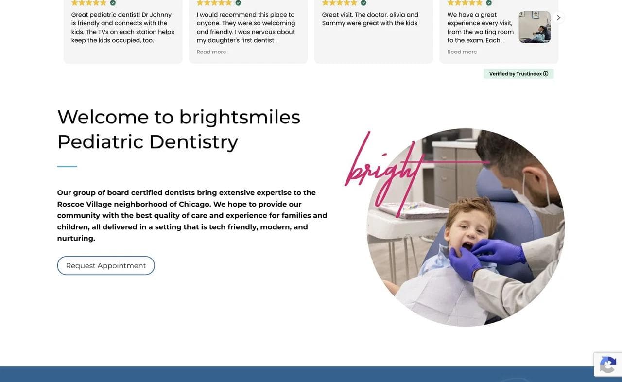 BrightSmiles pediatric dentistry introduction, treatment scene, and parent review cards.