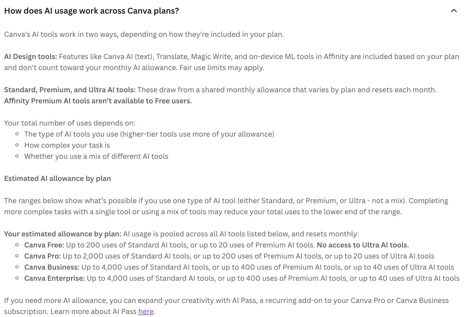 Canva's pricing FAQ answer describing AI allowance by plan