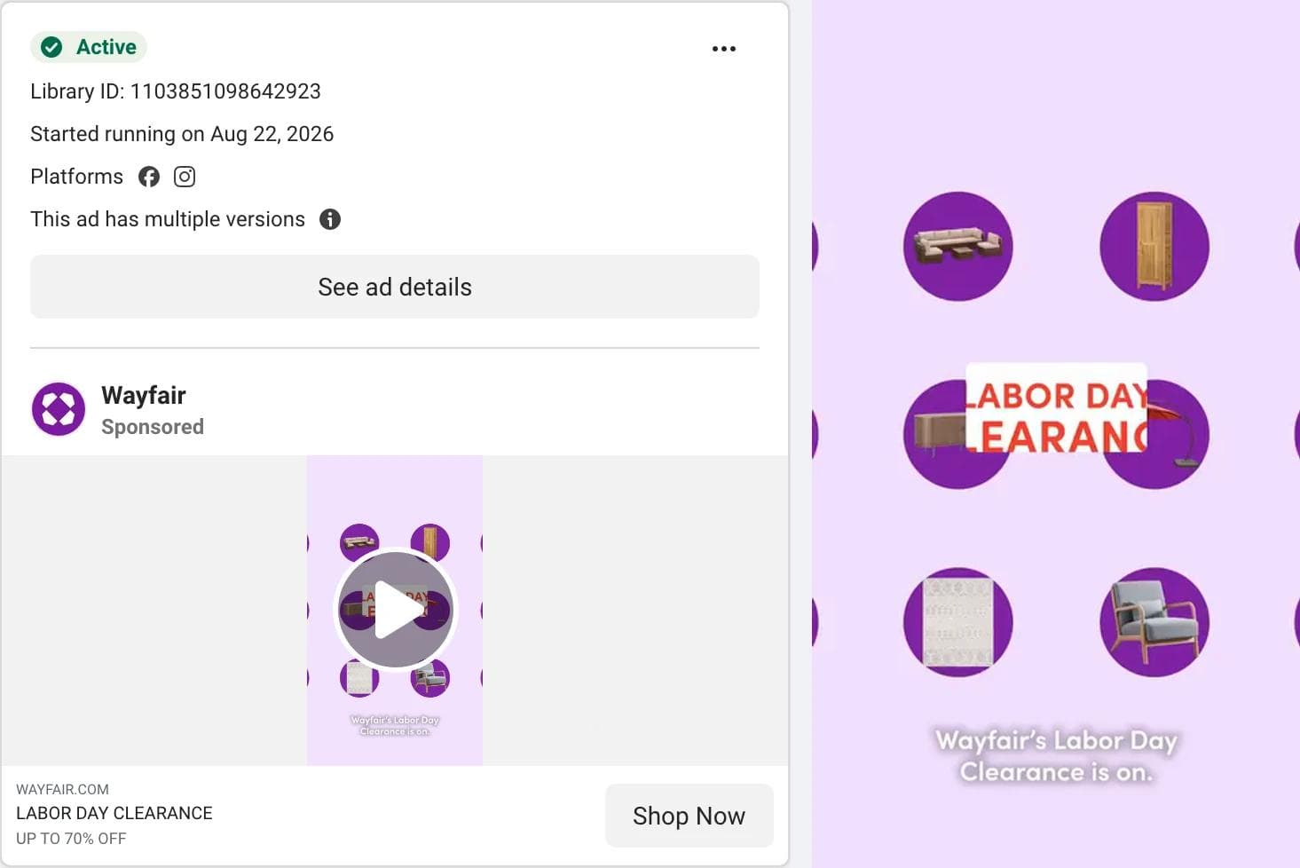 Meta Ad Library card for a Wayfair video ad, with a frame showing furniture icons in purple circles around the words Labor Day Clearance