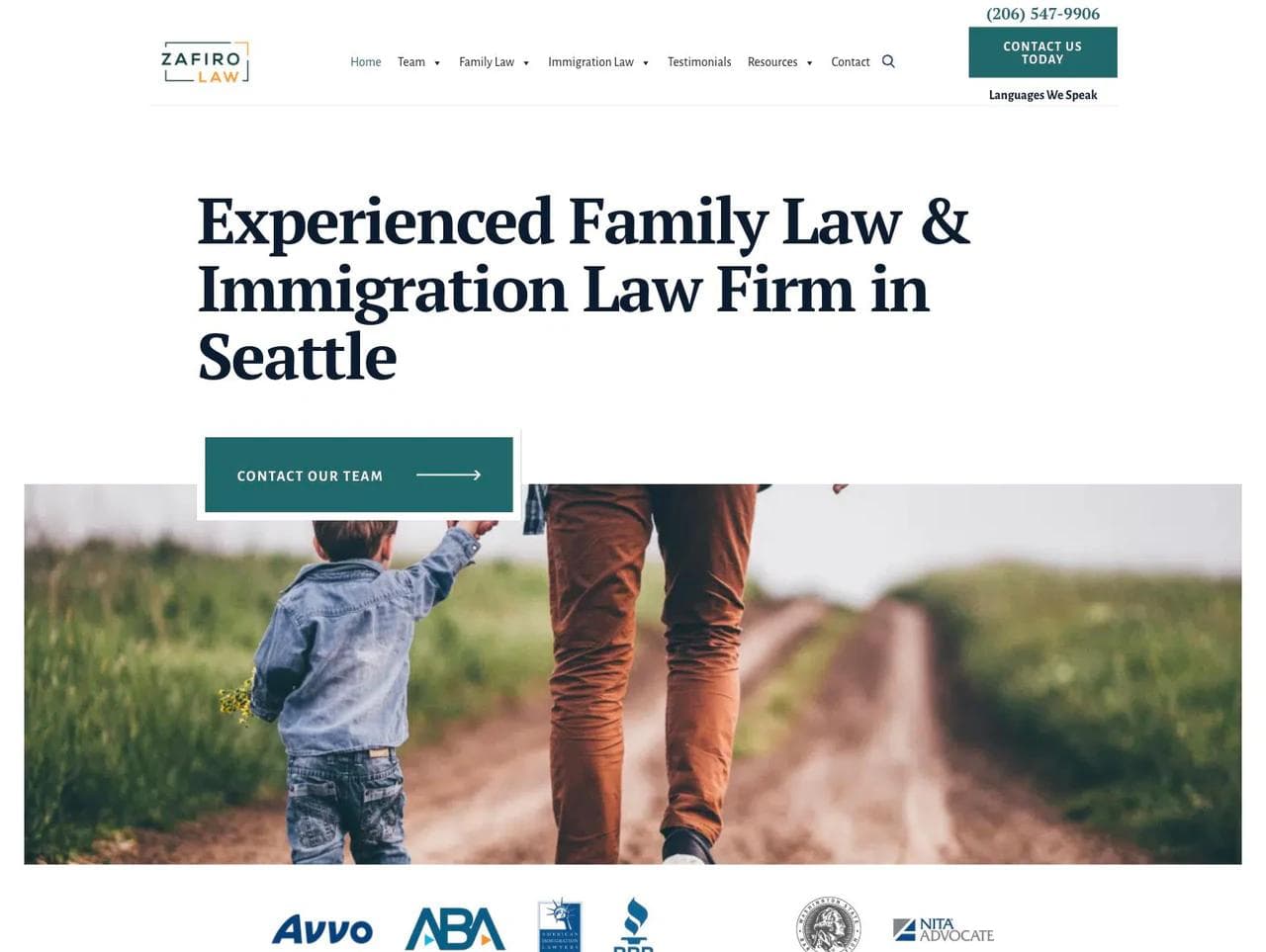 ZafiroLaw homepage hero naming family law, immigration law, and Seattle