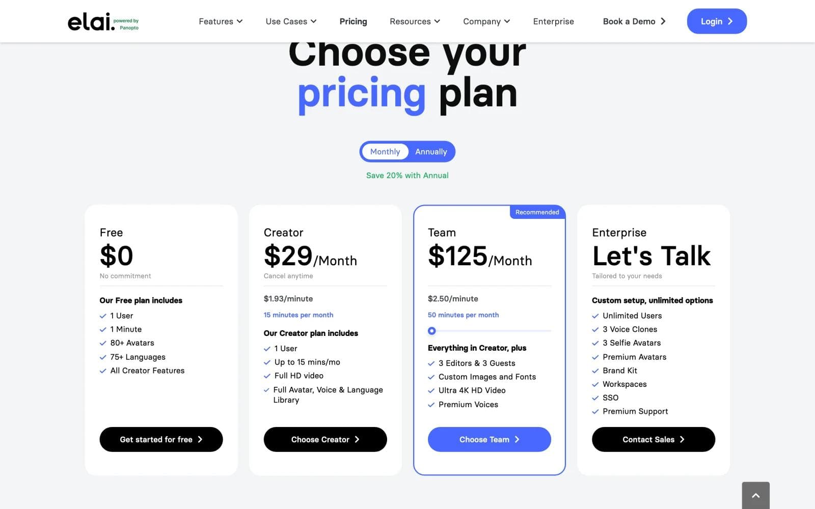Elai pricing page showing Free, Creator at $29 a month, Team at $125, and Enterprise plans with per-minute rates