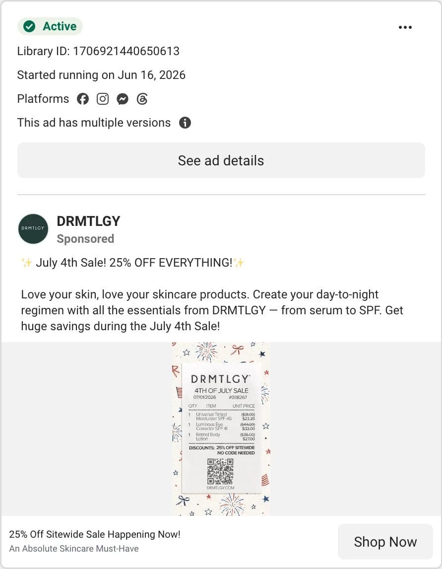 Meta Ad Library card for a DRMTLGY image ad showing a printed receipt with three products and 25 percent off on a fireworks background