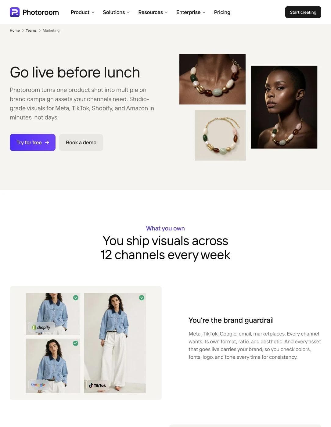 Photoroom marketing page showing one product photographed and adapted across Shopify, Google, and TikTok