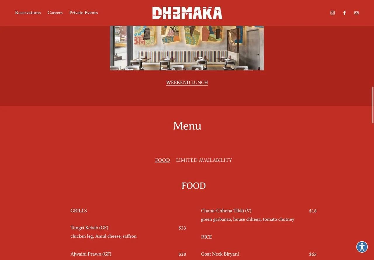 Dhamaka HTML food menu with sections, dish names, descriptions, prices, and dietary abbreviations.