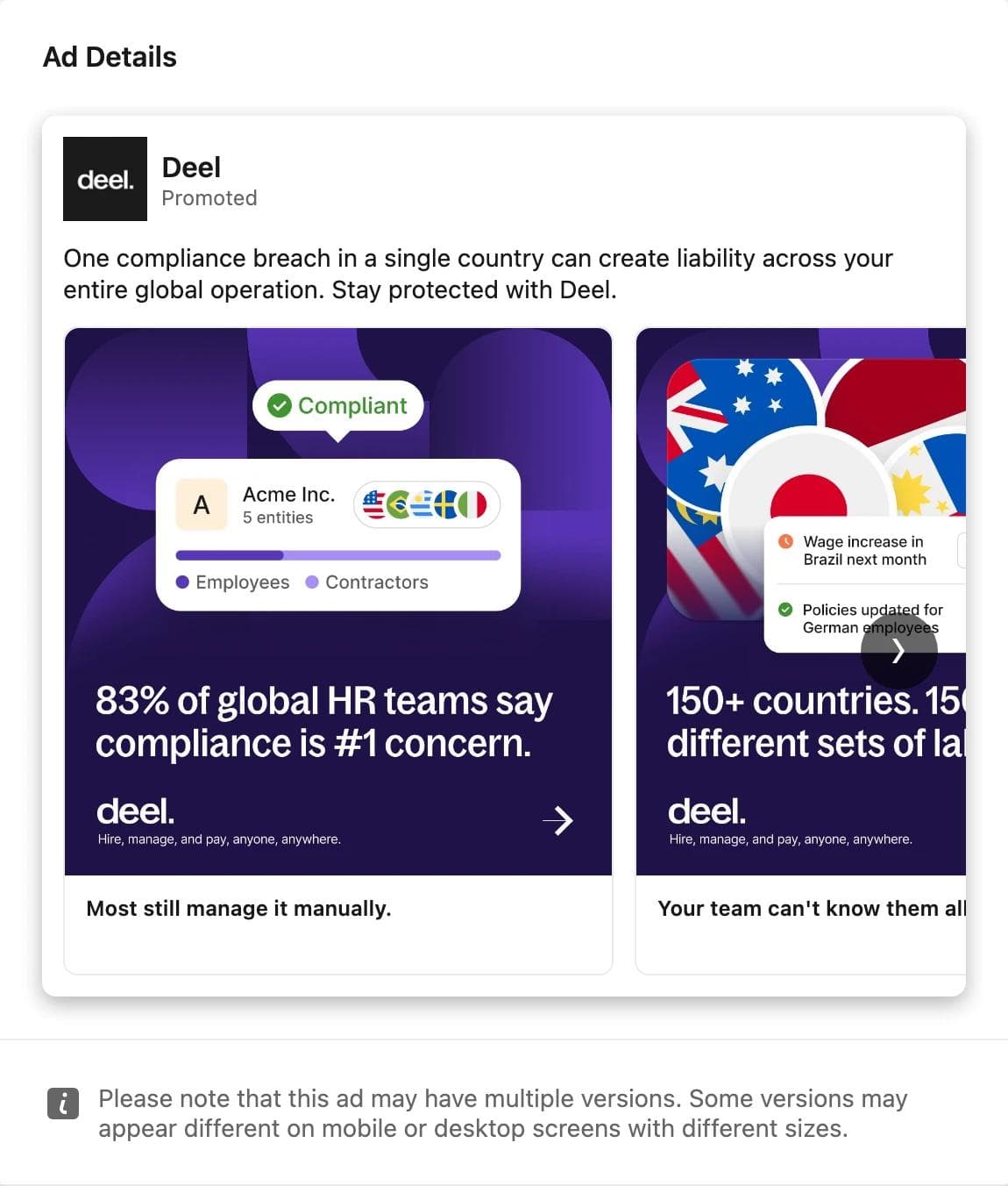 LinkedIn carousel ad by Deel: the first card shows a compliance status illustration above the stat 83 percent of global HR teams say compliance is their number one concern, the second card starts with 150 plus countries