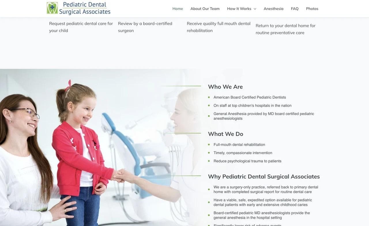 Pediatric Dental Surgical Associates page showing patient and dentist routes and the care process.