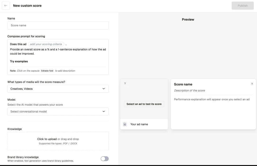 Pencil custom score interface with scoring criteria, media types, model selection, knowledge, and ad preview