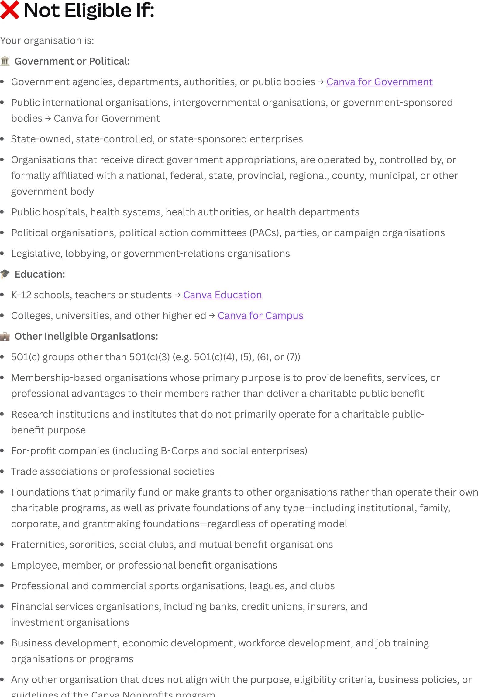 Canva's eligibility guidelines listing every organization type excluded from Canva Nonprofits, grouped into government or political, education, and other ineligible organizations