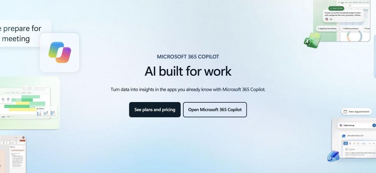Microsoft 365 Copilot product overview surrounded by examples of AI assistance in Office applications