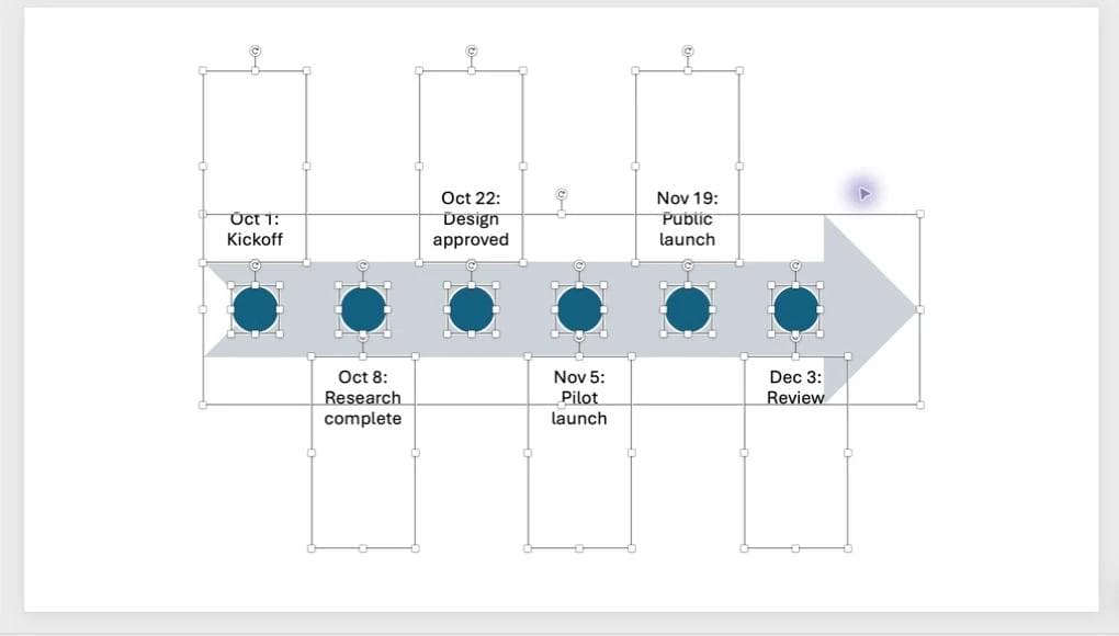 PowerPoint shows independent selection boxes around the ungrouped markers, arrow, and text boxes.