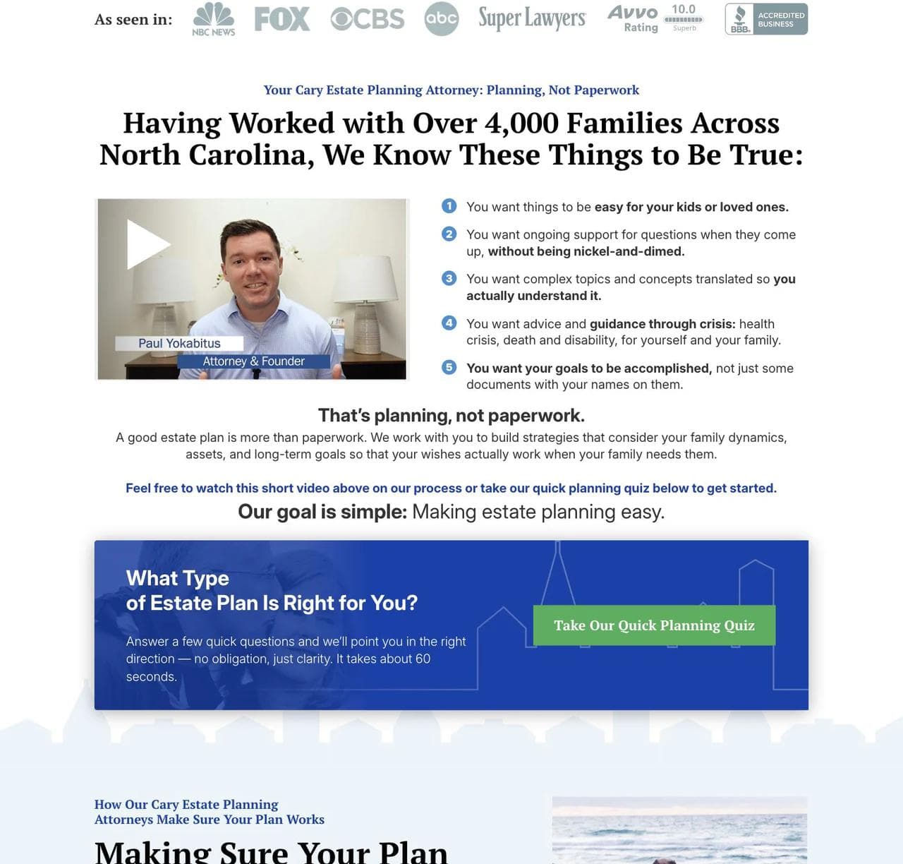 Cary Estate Planning sections explaining practical planning, a quiz, and an ongoing relationship