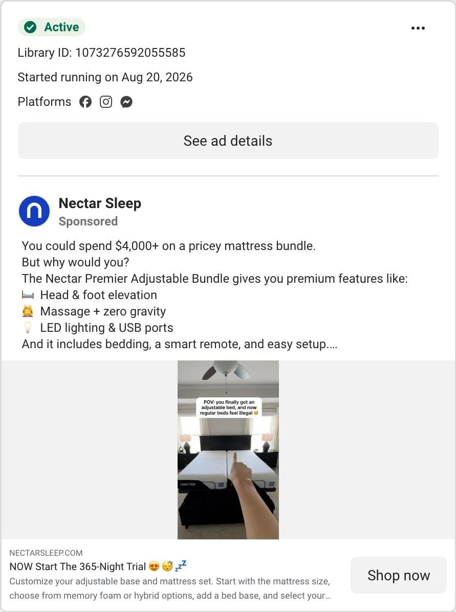 Meta Ad Library card for a Nectar Sleep image ad showing a person on an adjustable bed with a caption over the image and a long bulleted primary text