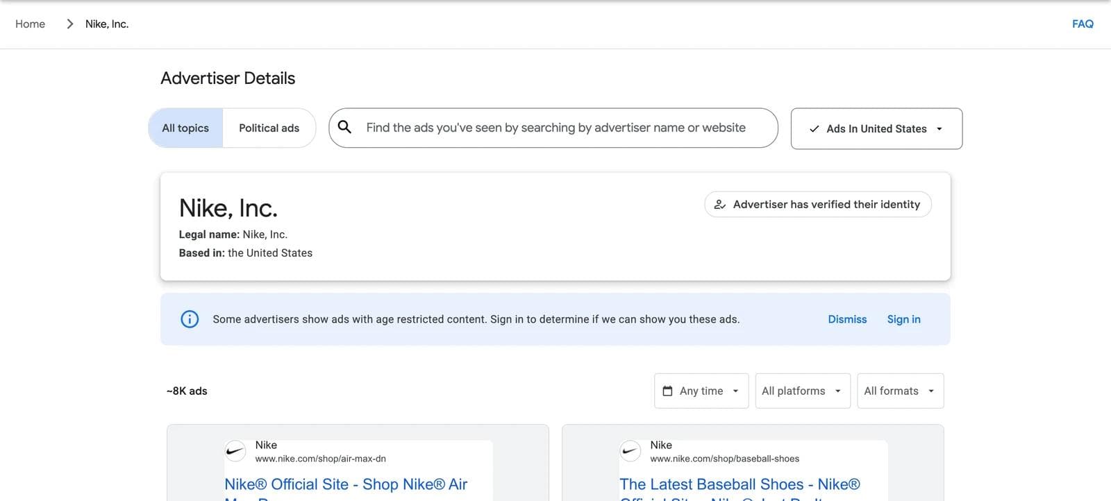 The Advertiser Details page for Nike, Inc. showing the legal name, Based in the United States, an Advertiser has verified their identity badge, and about 8K ads