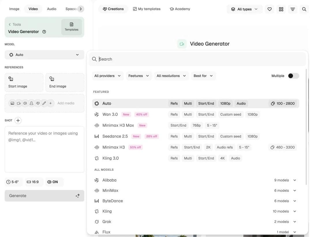 Magnific video generator model picker with Seedance, Kling, MiniMax, and Wan options