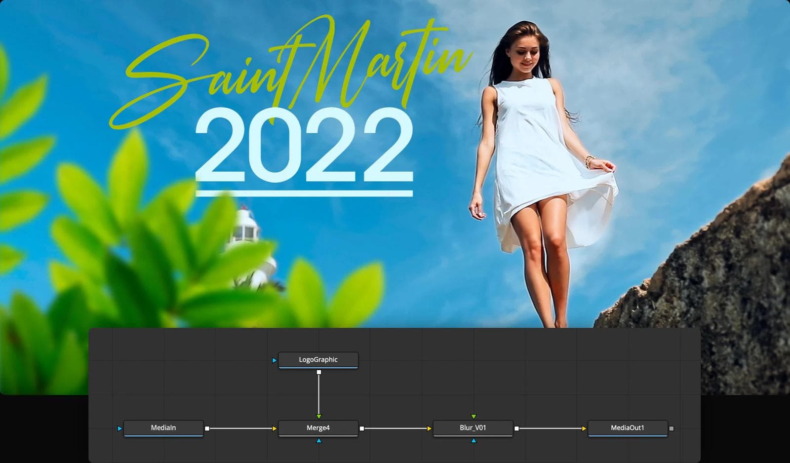 DaVinci Resolve Fusion demonstration showing a composited title above a connected node graph