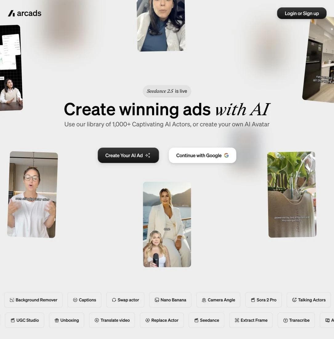 Arcads AI advertising platform surrounded by creator-style video examples and controls for UGC ad production