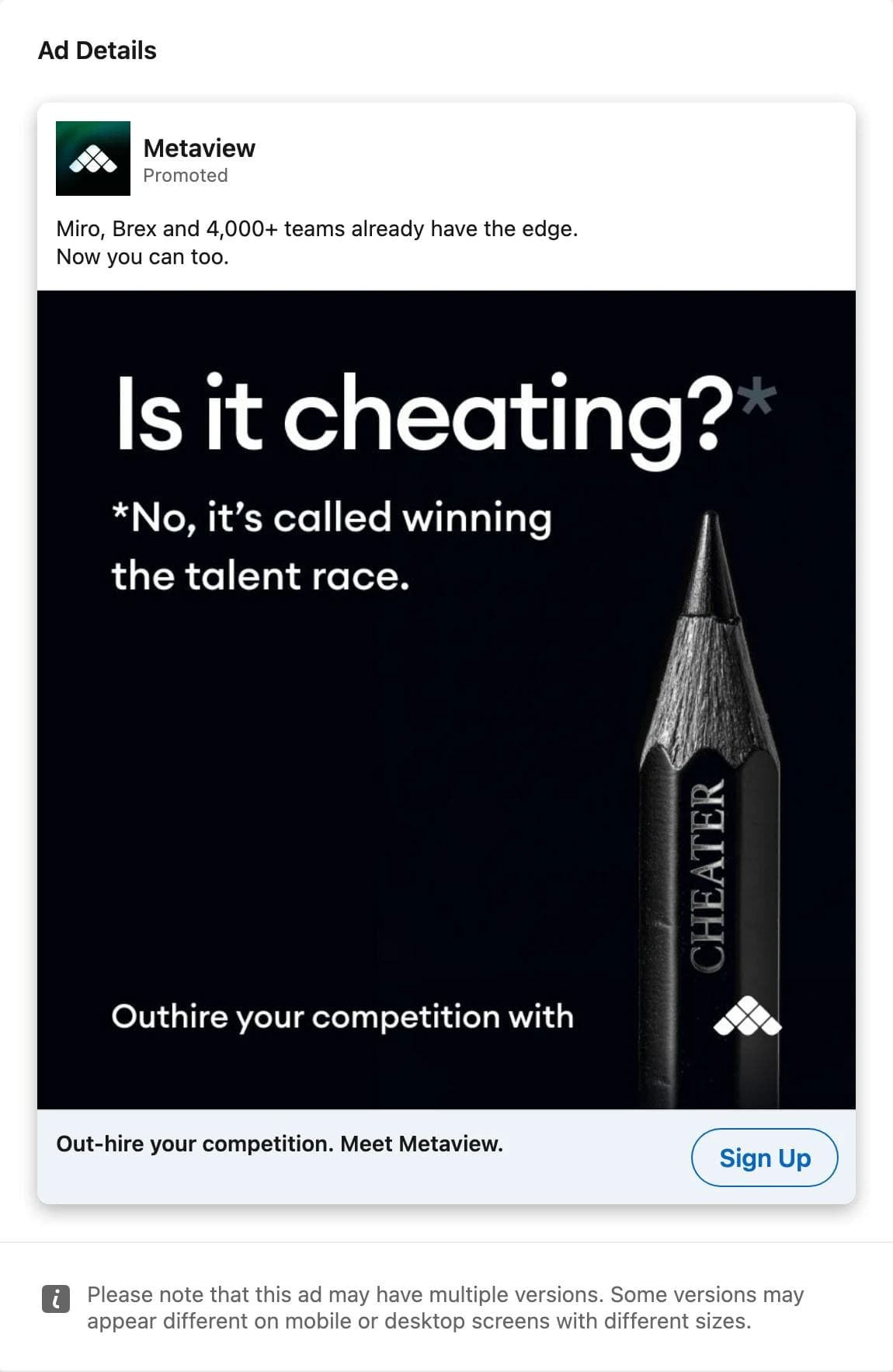 LinkedIn single image ad by Metaview: the headline Is it cheating with an asterisk, the answer No, it's called winning the talent race, and a pencil engraved Cheater on a black field