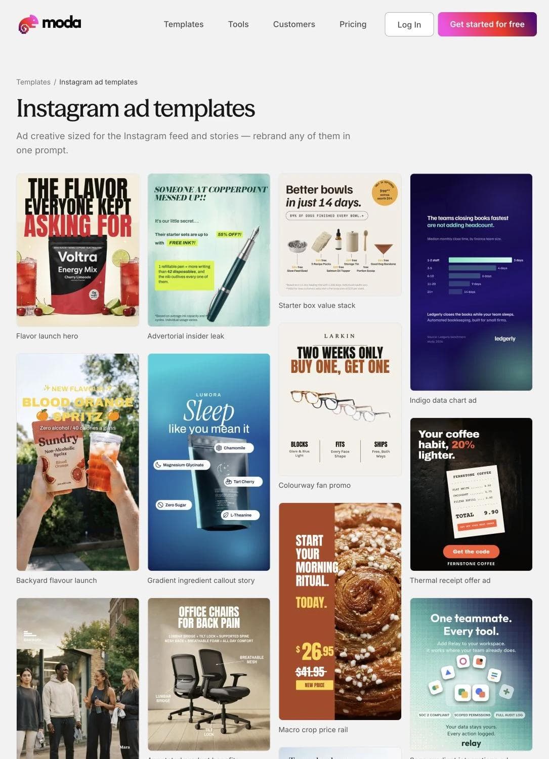 Moda Instagram ad template library with editable product, offer, testimonial, and data-led ad designs