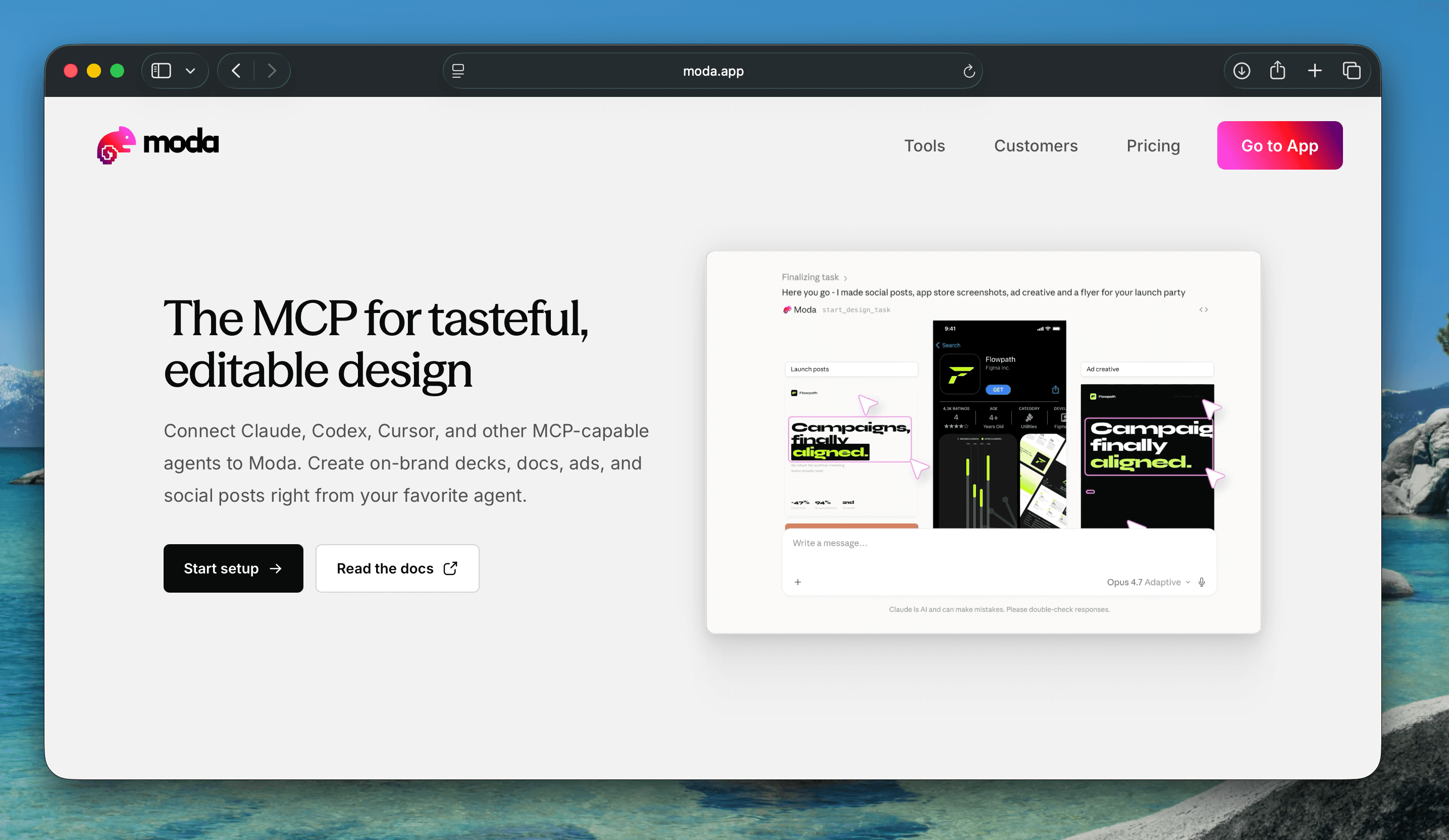 Moda MCP landing page showing an agent creating several branded launch assets