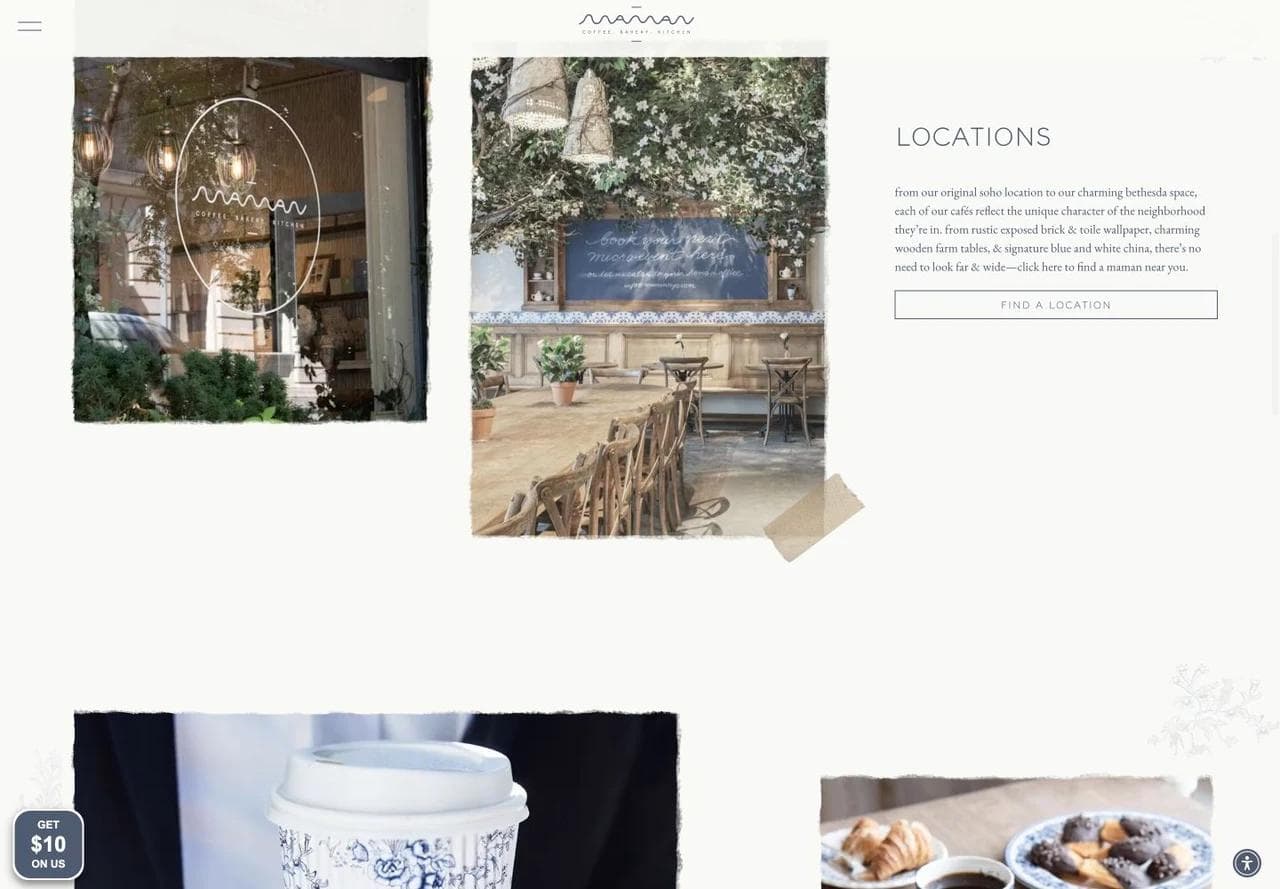 Maman homepage location section with cafe photography and a find-a-location button.