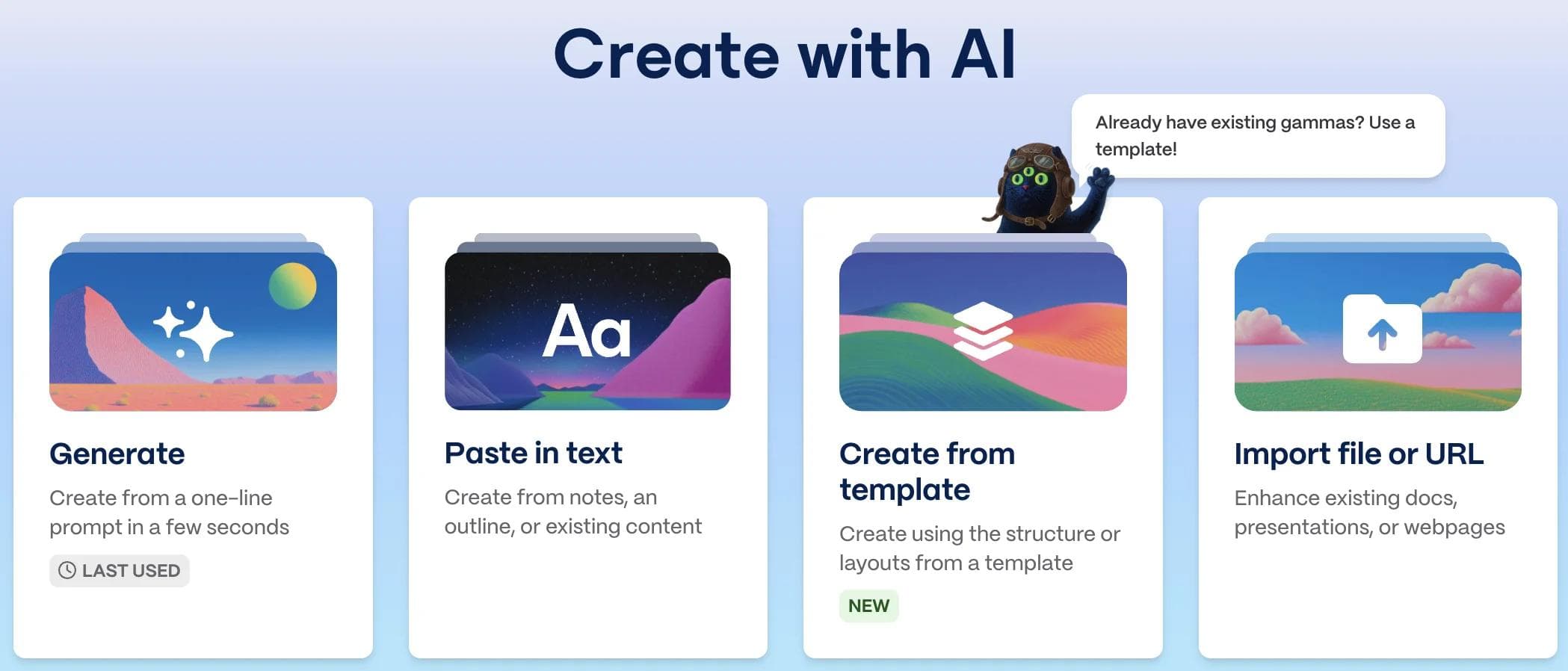 Gamma AI creation interface showing Generate, Paste in text, Create from template, and Import file or URL modes