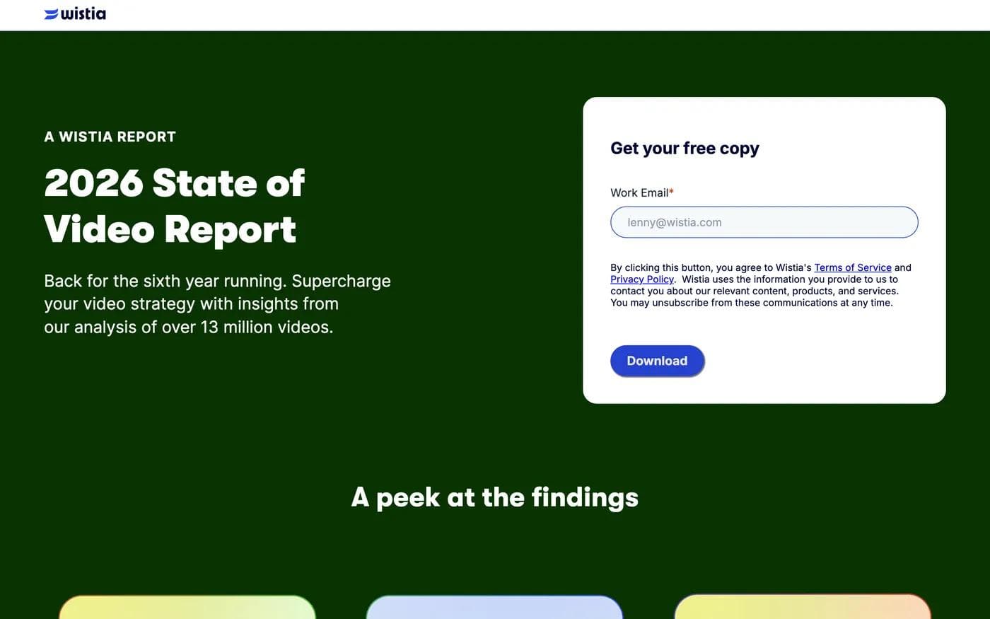 Wistia gated report page with the headline 2026 State of Video Report and a single work email field labelled Get your free copy