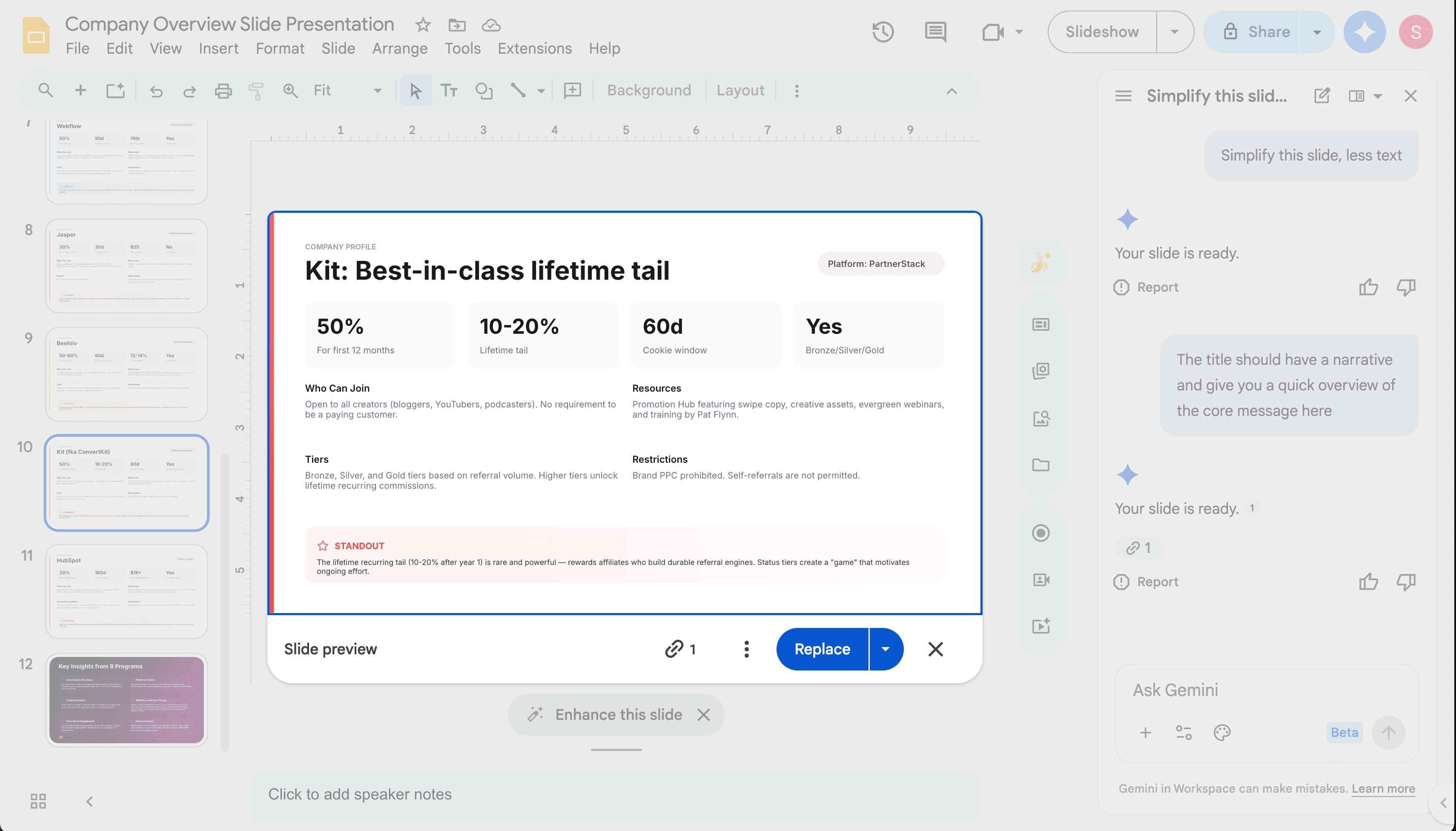 Gemini side panel in Google Slides showing an AI-assisted presentation edit