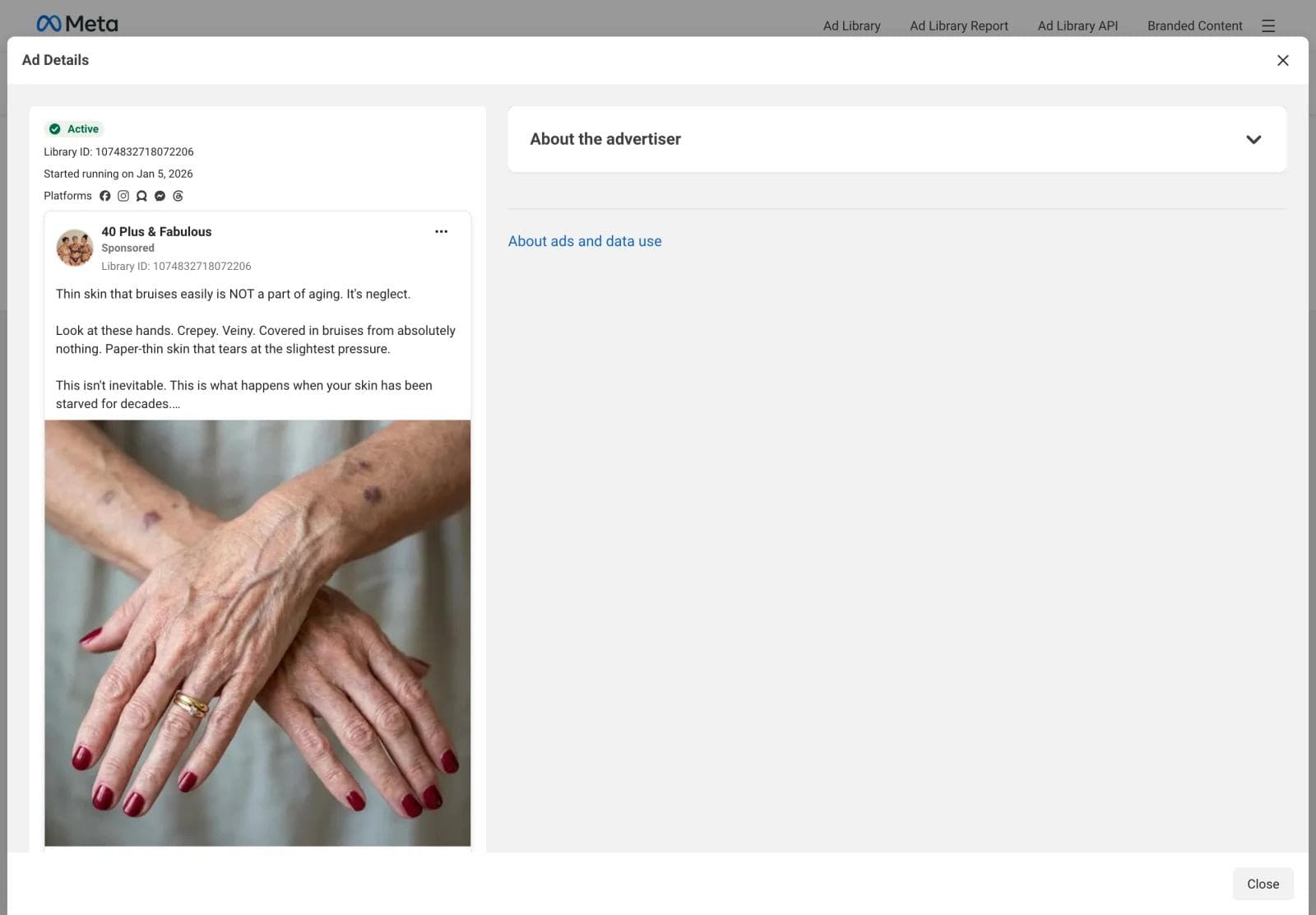 The Ad Details modal for a skincare ad, showing the full primary text and creative