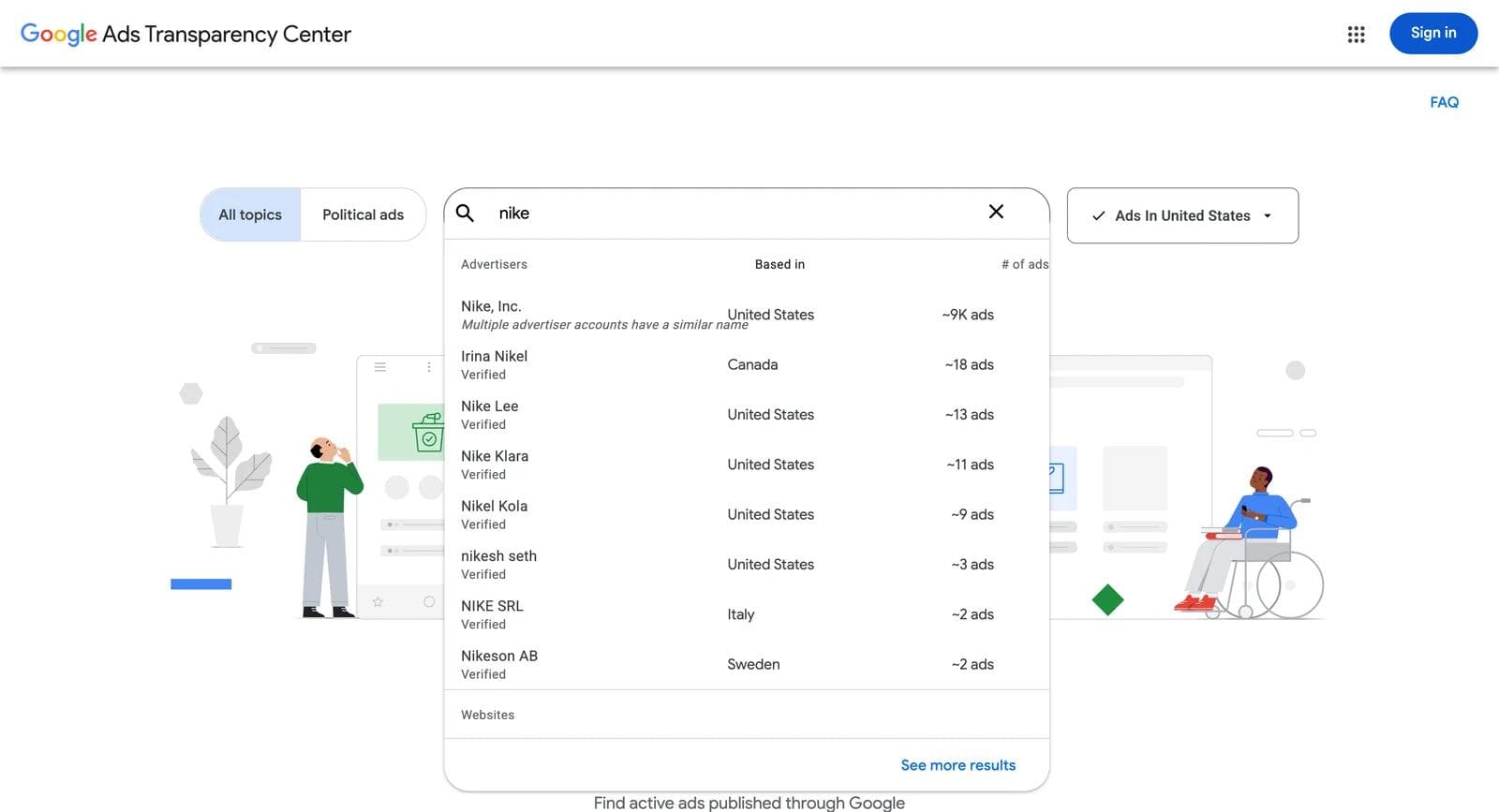 The Ads Transparency Center search dropdown for the query nike, listing advertisers with their country and approximate ad count, and matching websites