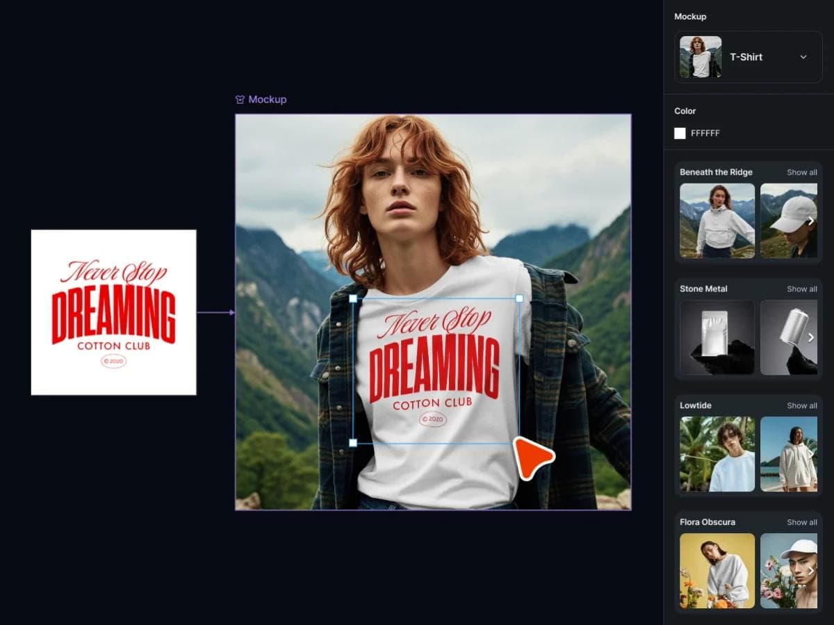 Kittl mockup interface applying typographic artwork to a T-shirt with product and color options