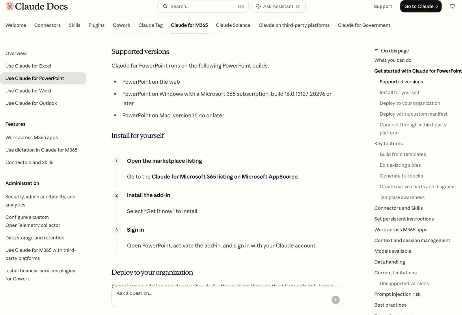 Anthropic's documentation listing supported PowerPoint versions and the three-step install