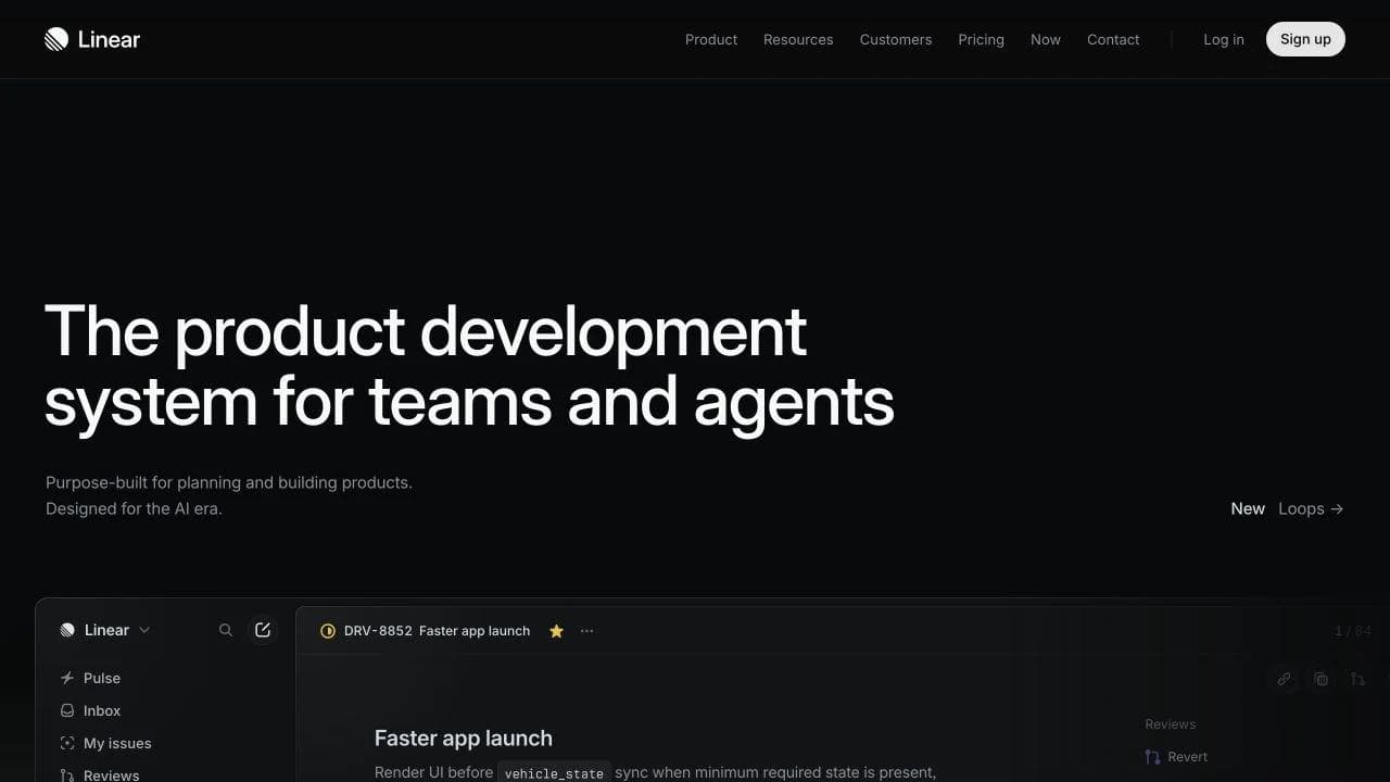 Linear homepage hero showing a realistic product issue moving through human and agent work