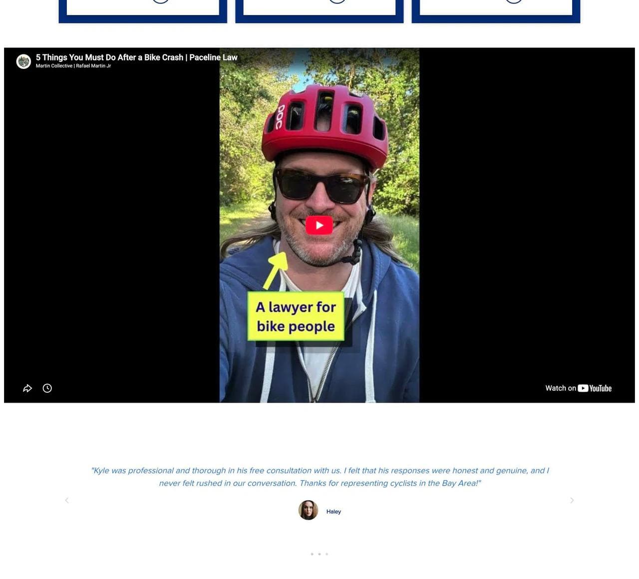 Paceline Law educational video, client review, and closing reassurance on its homepage