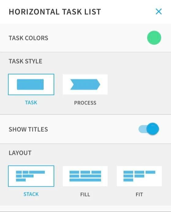 Beautiful.ai Horizontal Task List controls with Task and Process styles and Stack, Fill, and Fit layout options