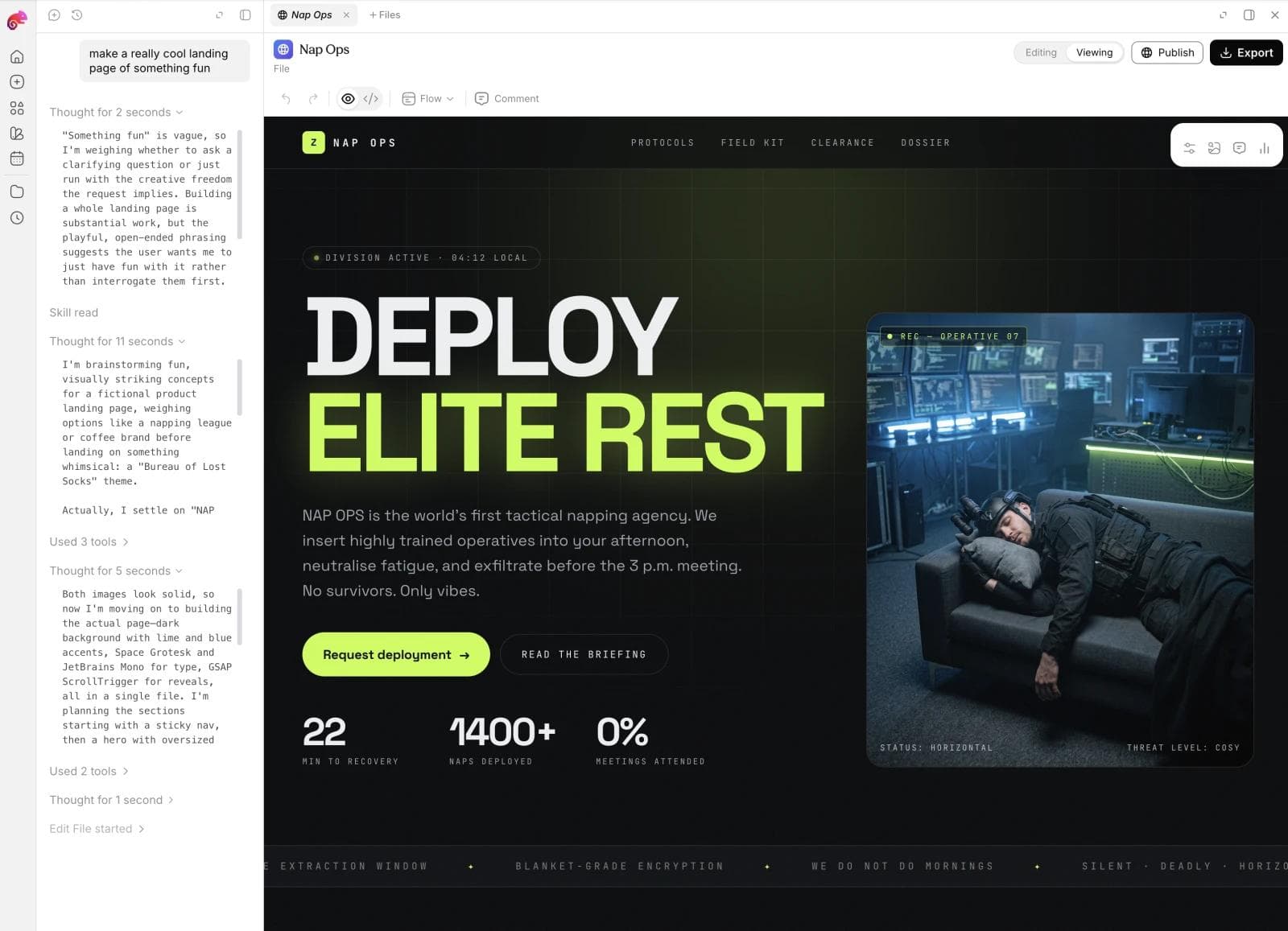 Moda website builder showing an AI agent beside an editable generated landing page with viewing, publishing, and export controls