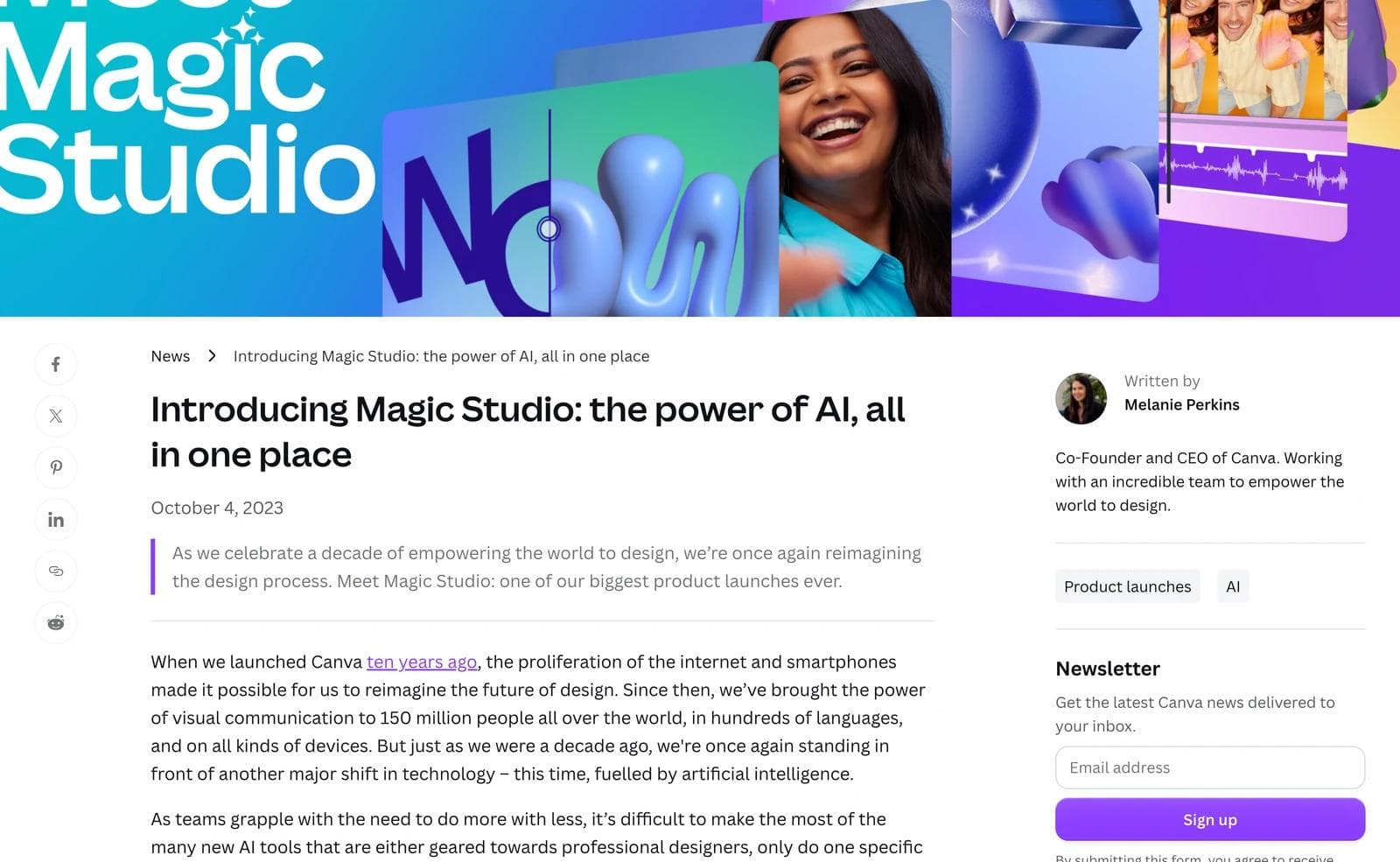 Canva's newsroom article "Introducing Magic Studio: the power of AI, all in one place", dated October 4, 2023 and bylined Melanie Perkins