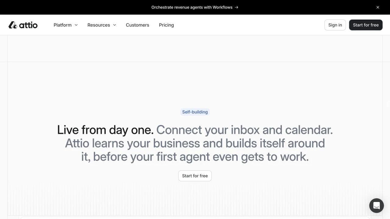Attio landing page section promising live-from-day-one setup through inbox and calendar context