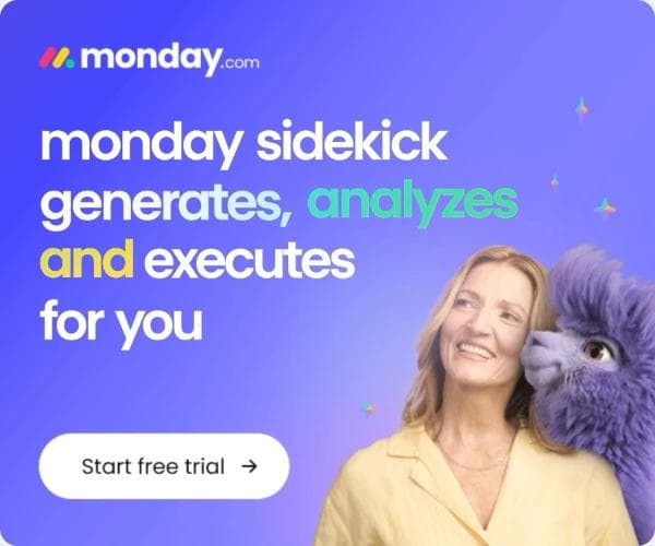 Ads Transparency Center detail view of a monday.com image ad: a purple field with a product name headline, a person beside a furry purple mascot, and a Start free trial button