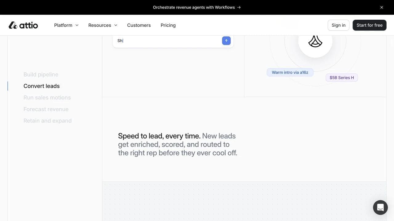 Attio convert leads section explaining enrichment, scoring, and routing within a revenue workflow