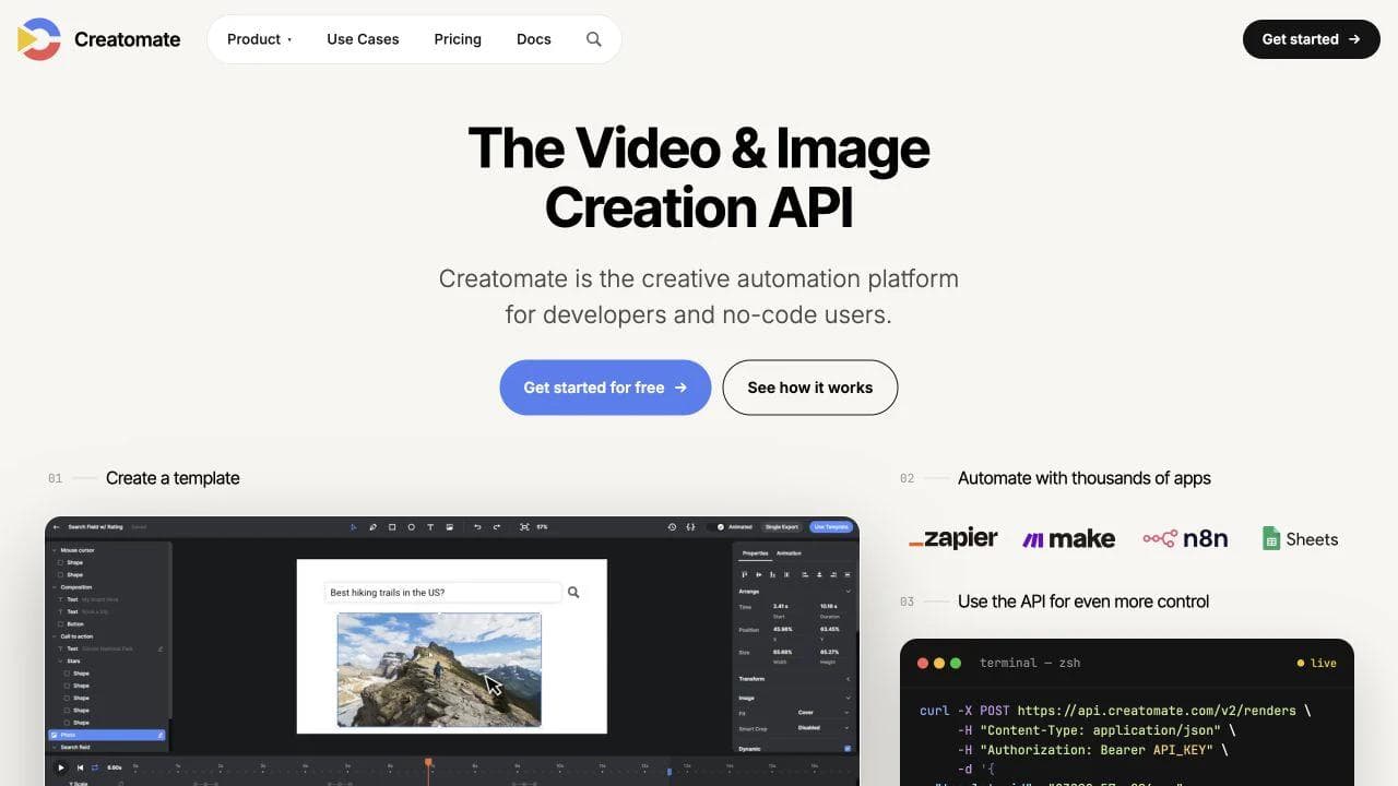 Creatomate overview showing a visual template editor, automation integrations, and render API request