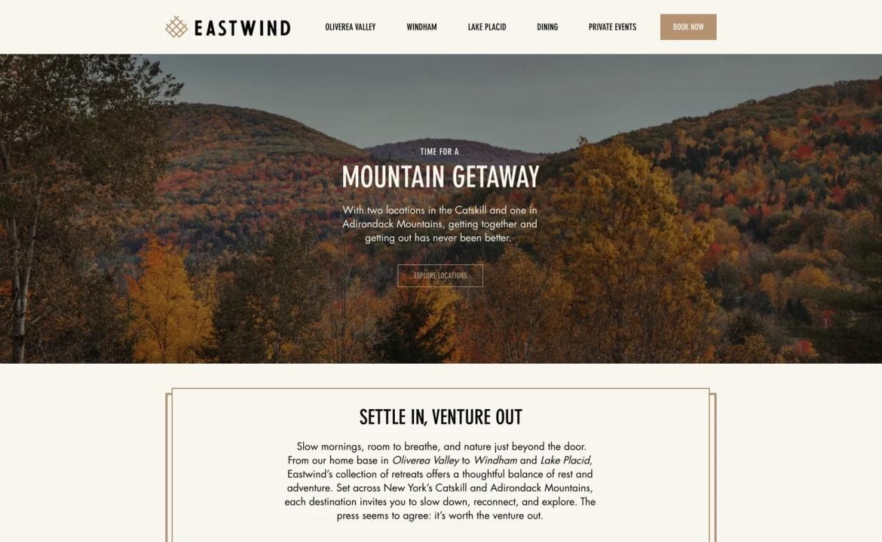 Eastwind Hotels mountain getaway homepage hero