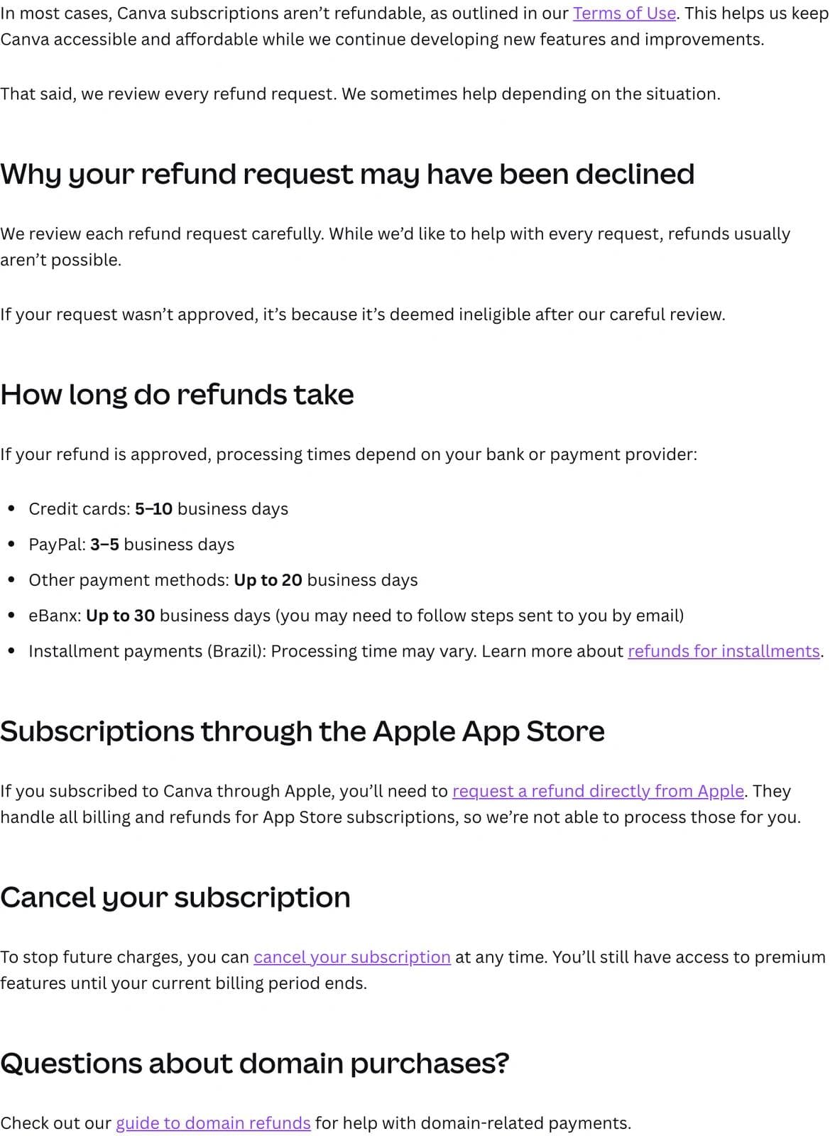 Canva's refunds help article stating subscriptions are not refundable in most cases