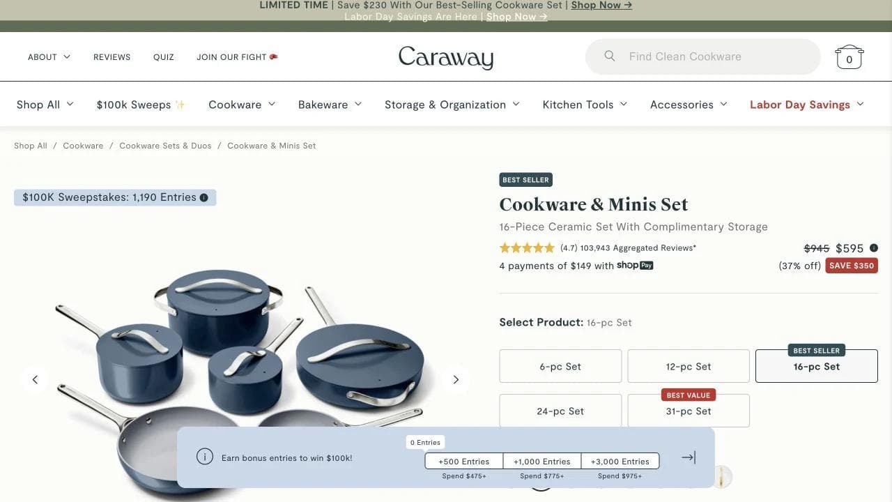 Caraway cookware set product page with set size color price financing and reviews
