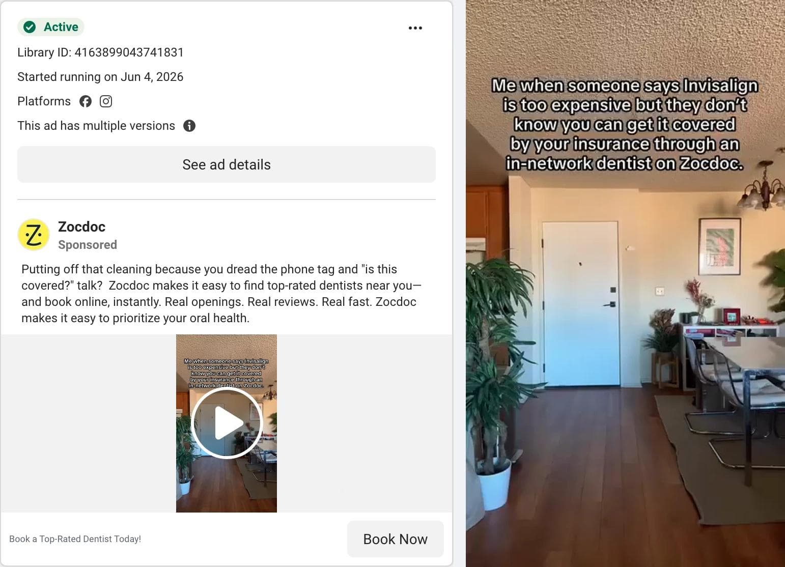 Meta Ad Library card for a Zocdoc video ad, with a frame showing an empty living room under a long meme-style caption about Invisalign being covered by insurance through an in-network dentist on Zocdoc