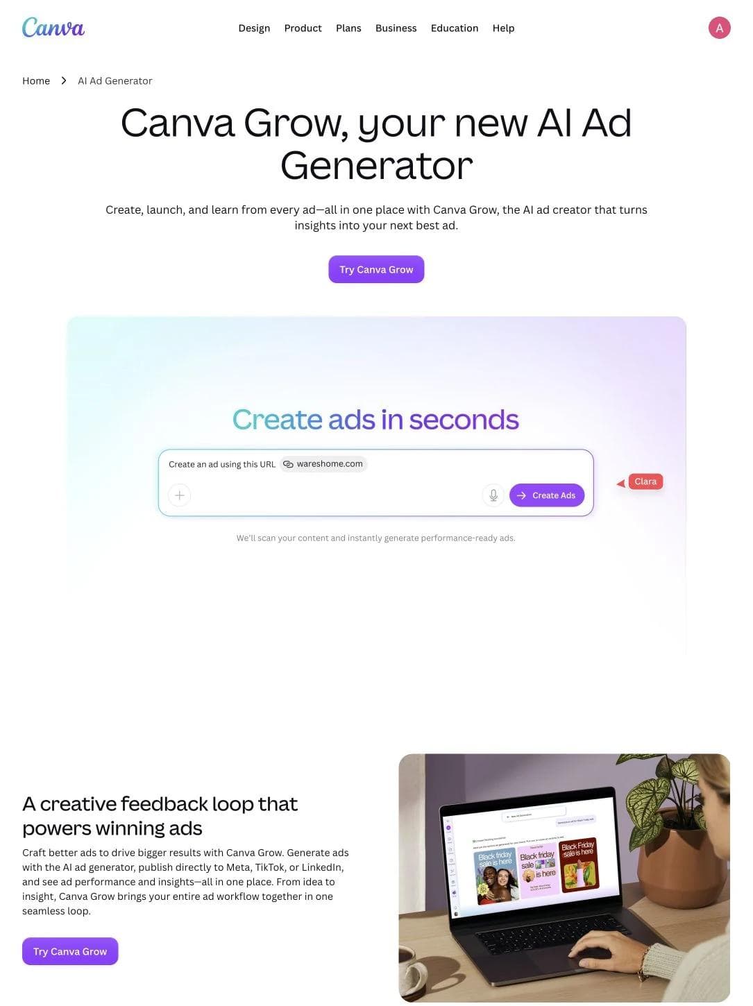 Canva Grow public page showing website-to-ad generation and a creative feedback loop
