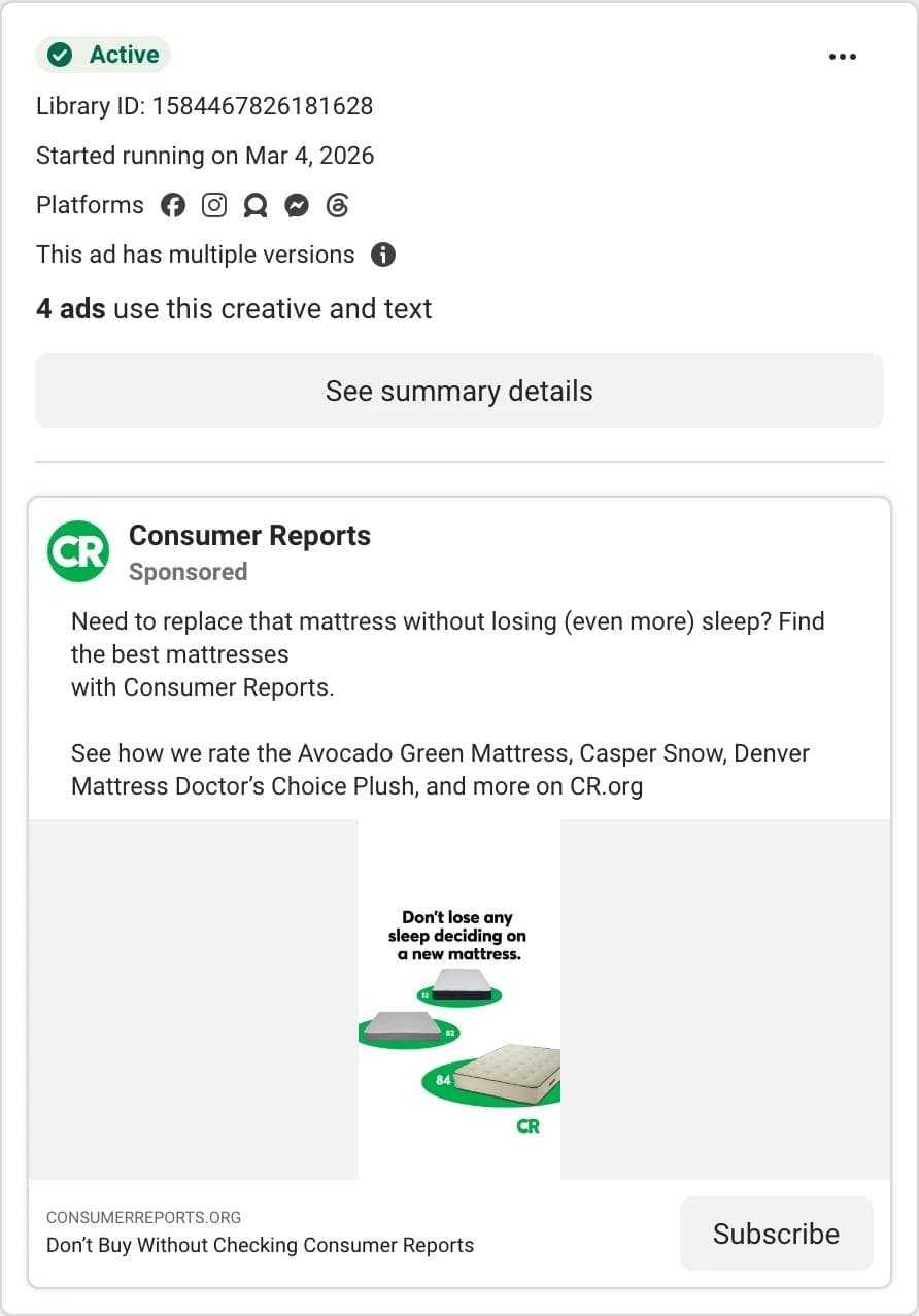 Meta Ad Library card for a Consumer Reports image ad showing an illustrated stack of mattresses with the words Don't lose any sleep deciding on a new mattress