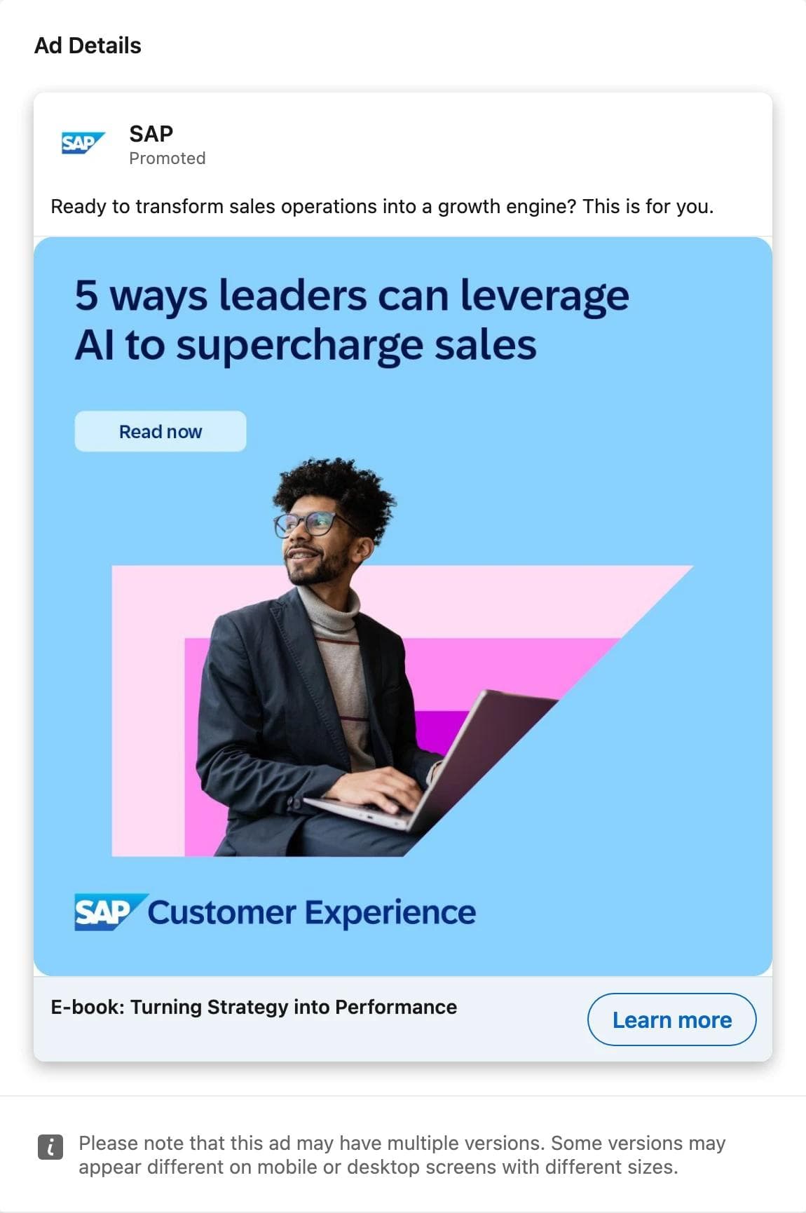 LinkedIn ad by SAP promoting an e-book, with a bold title on a light blue field, a Read now button drawn into the image, and a photo of a person with a laptop